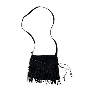 BP crossbody purse black faux suede fringe studs rectangular shoulder bag